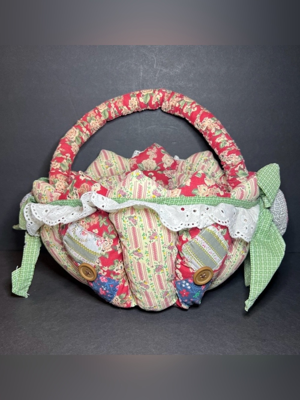 VTG 90s Multicolor Fabric Quilted Floral Print Patchwork Eyelet Lace Trim Basket